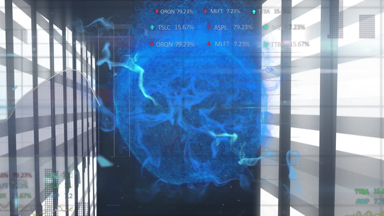 Animation of glowing globe with data processing over glowing computer servers
