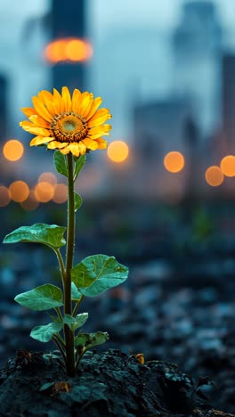 bright sunflower stands tall in urban landscape at dusk