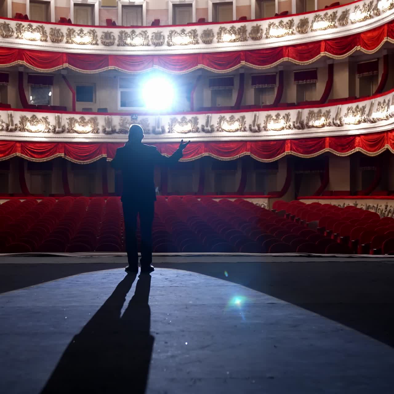 Dark silhouette of a host in front of empty auditorium. Back view of a speaker performing on stage on the background of beautiful hall without people. Quarantine