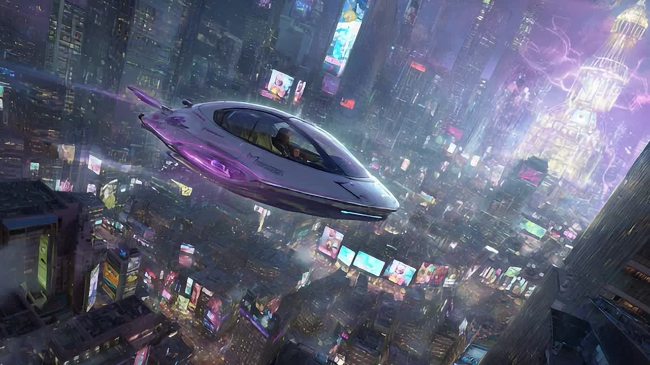 Futuristic flying vehicle navigating a vibrant neon cityscape at night