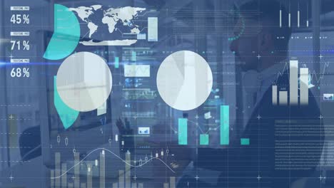 animación de datos financieros y gráficos sobre empresario caucásico usando computadora en la oficina