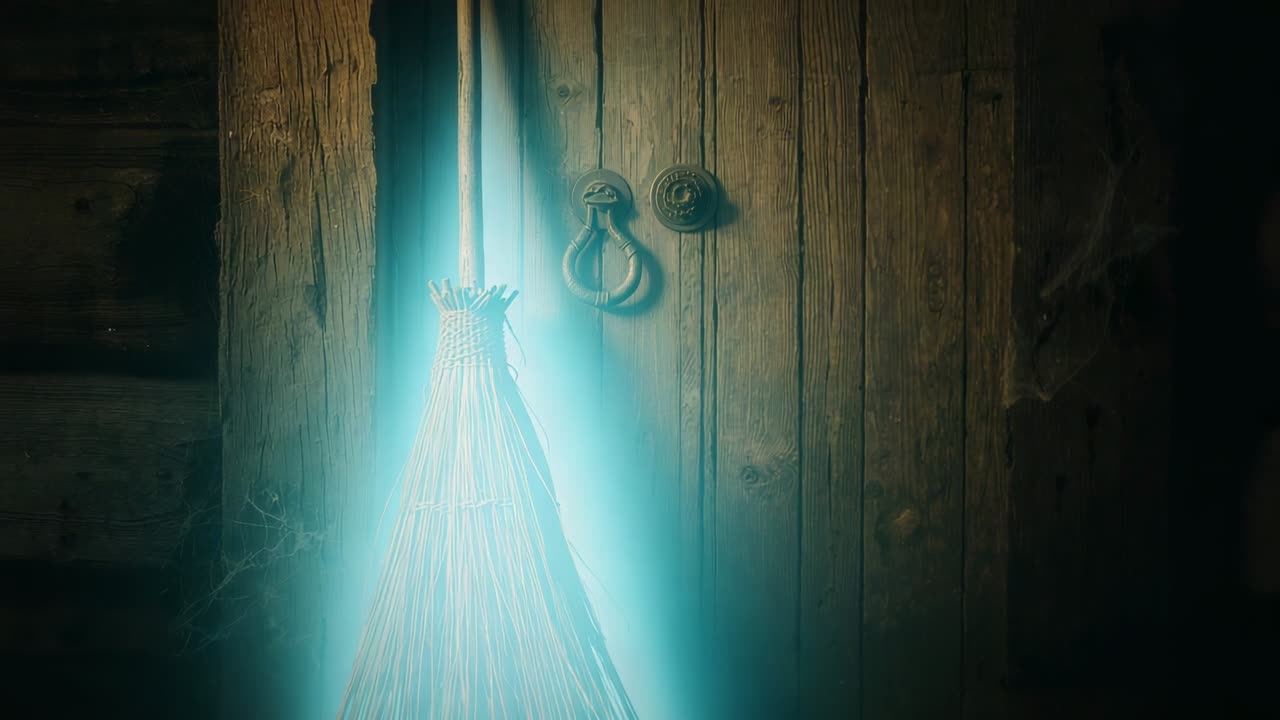 Descending pale blue beam illuminating straw broom against door, casting glow on knocker and cobweb