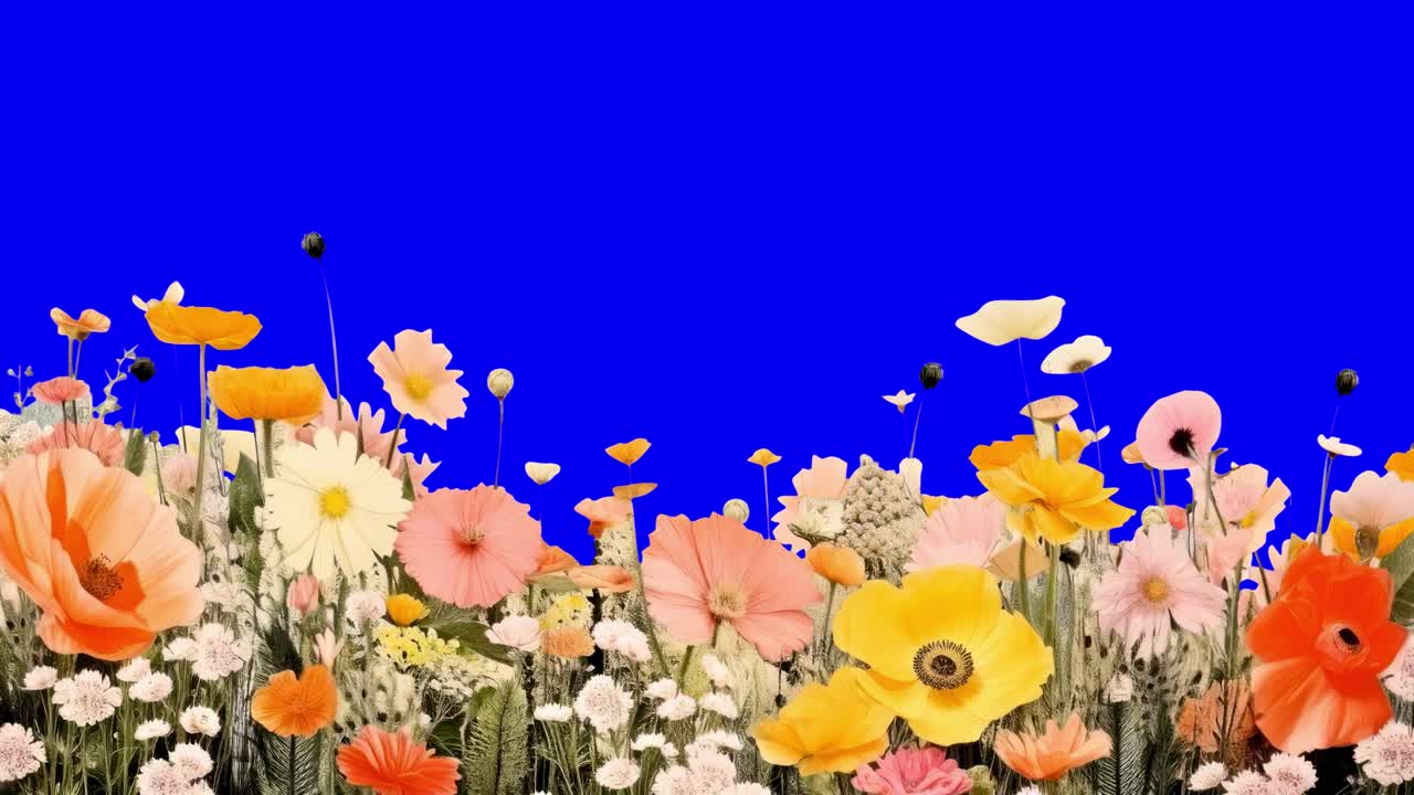 Vibrant wildflowers animation, transparent 4K video, green screen
