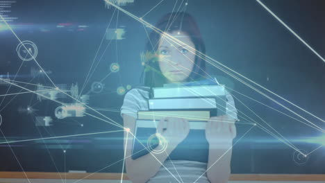 animación de una maestra sobre una red de puntos conectados en el fondo
