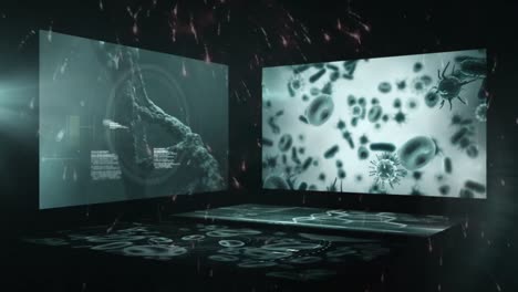 animación de fuegos artificiales y feliz año nuevo sobre pantallas con procesamiento de datos y microbios
