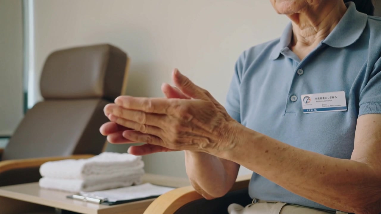 Donna anziana seduta che si strofina le mani su una poltrona reclinabile da assistenza, vicino ad asciugamani e una cartella, che indossa una polo con un badge identificativo.