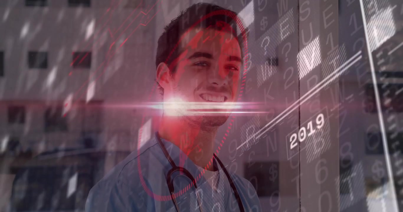 Médico tocando no tablet e revisando dados enquanto uma sobreposição atualiza anos, então sorrindo para a câmera.