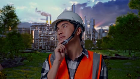 close up of asian male engineer with safety helmet thinking about something and looking around while standing in front of oil refinery