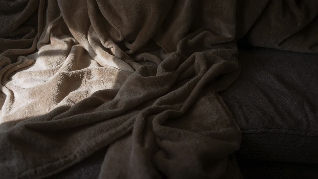 Luce solare che scivola e si sposta su un plaid in pile beige su un divano mentre il sole si muove, rivelando la trama del tessuto.