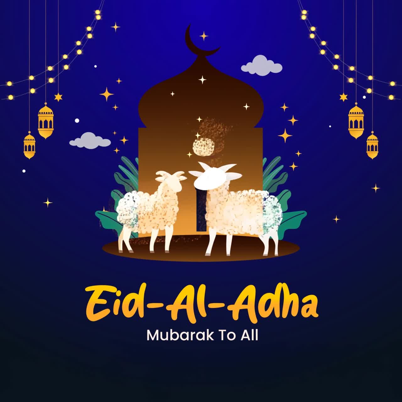 Augurio animato di Eid al-Adha con moschea, pecore e lanterne