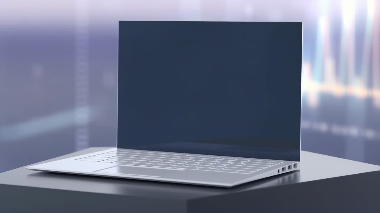 Laptop with a blank screen on a pedestal with an abstract business data background