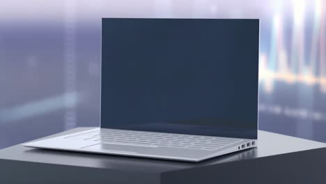 laptop with a blank screen on a pedestal with an abstract business data background