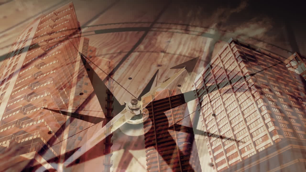 Compass needle overlaying skyscrapers, symbolizing direction and city navigation in animation