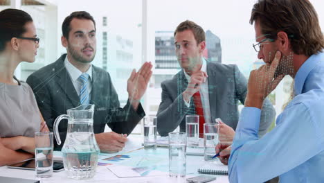 business team discussing data processing animation over office meeting scene