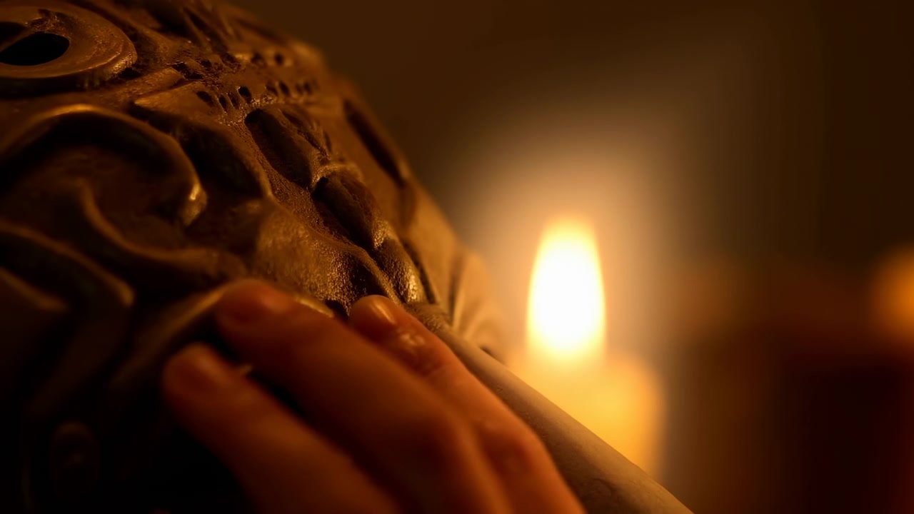Polpastrelli premono delicatamente su una superficie intagliata e ornata accanto a una fiamma di candela visibile, rivelando una texture usurata, luce ambrata calda, ombre morbide e un'attenta ispezione in un interno silenzioso, con mano, dito.