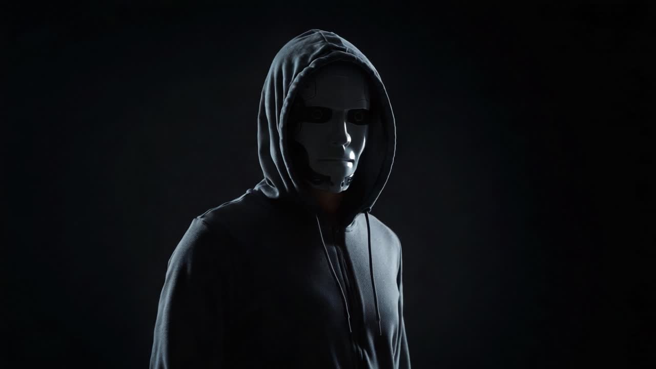 A captivating exploration of an enigmatic figure shrouded in mystery, featuring a hooded character with a mask that prompts questions about identity and technology