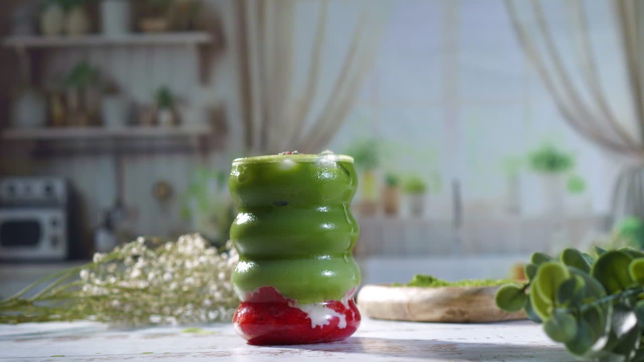 A hand with natural nails and silver rings gently reaches for a colorful iced matcha strawberry latte in a sculpted glass, set on a rustic table with green plants and matcha powder nearby.