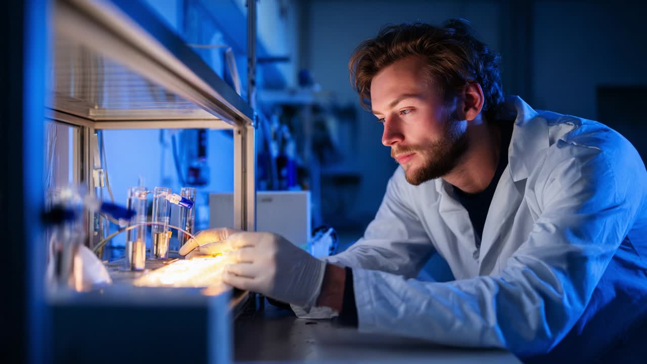 Focused Researcher in Lab Dedicates Attention to Experiment, Observing Reactions under Blue Lighting, Investigating Scientific Processes with Precision and Care for Results