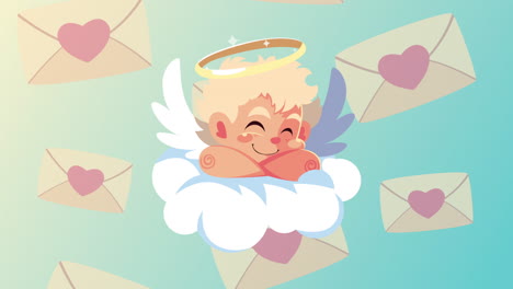 happy valentines day card with cupid angel in cloud and envelopes hearts