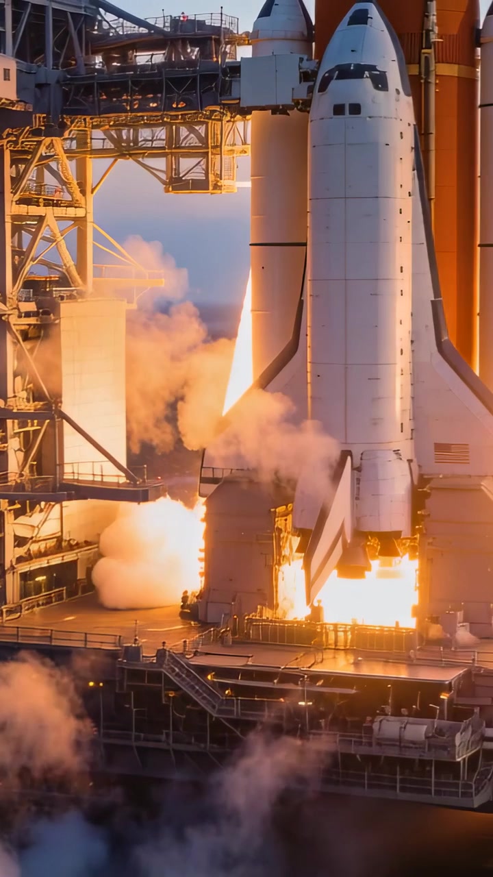 Vertical video: Igniting shuttle engines at pad, venting steam and lighting external tank, boosters