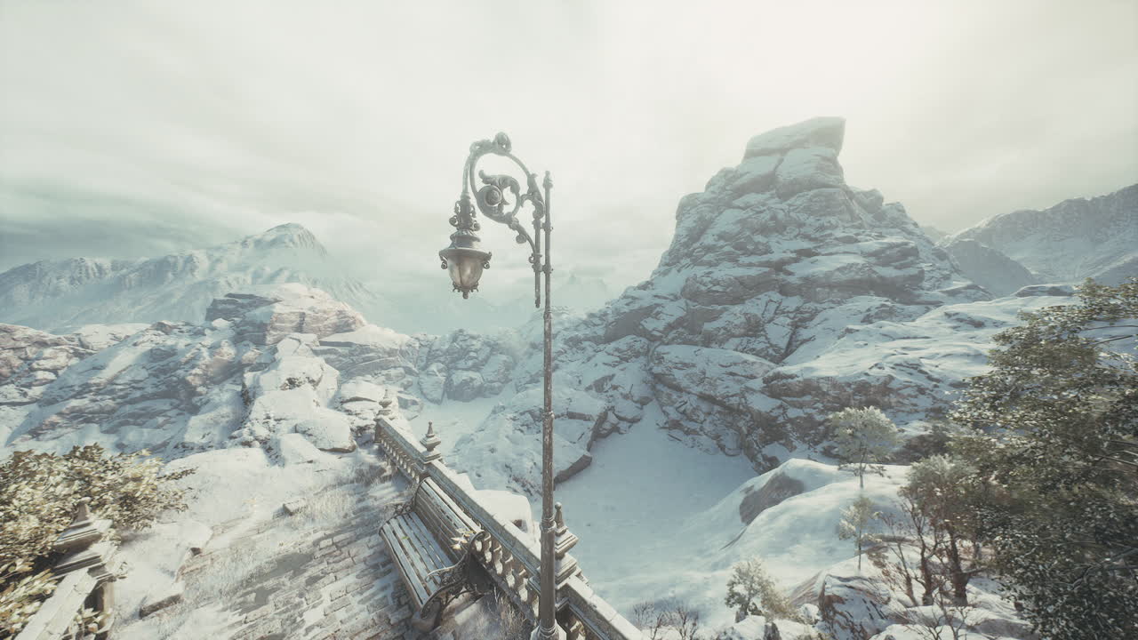 Snow covered mountain landscape with vintage lamp post and rocky terrain