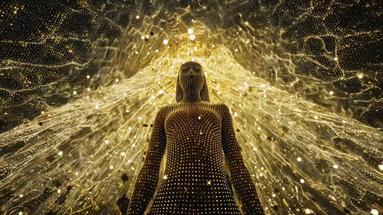 A mesmerizing visual immersion into an ethereal golden realm, showcasing a radiant figure enveloped in a cascade of shimmering lights and intricate patterns, beckoning exploration and wonder
