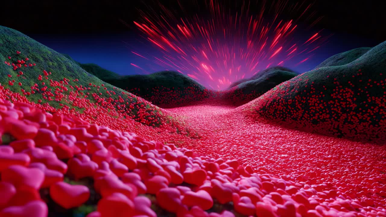 A captivating journey through a mesmerizing landscape dotted with vibrant red hearts, showcasing the beauty and wonder of love and connection, as a dynamic explosion of color highlights the scene's enchanting allure