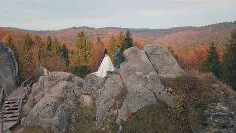 Newlyweds-stand-on-a-high-slope-of-the-mountain.-Groom-and-bride.-Arial-view