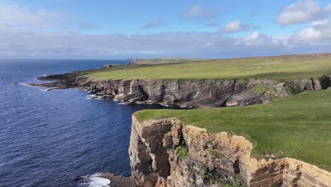 Aerial-View-of-Stunning-Scottish-Coastal-Cliff-Scenery,-Yesnaby-Vista-Point,-Oakney,-Scotland-UK,-Drone-Shot-60fps