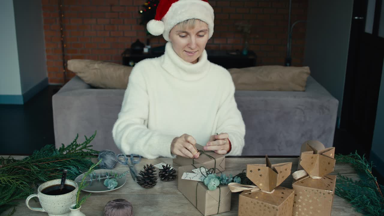 크리스마스 선물을 포장하는 여자