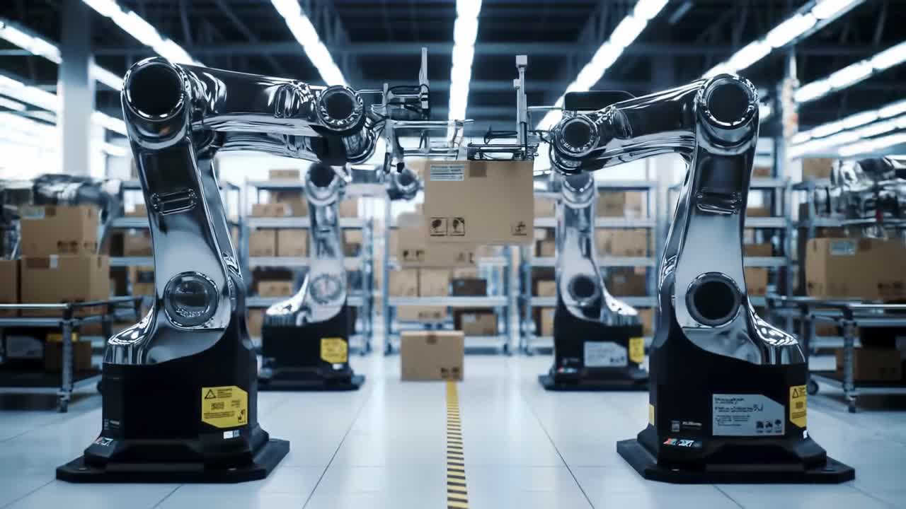 Robots equipped with advanced technology are handling and sorting packages in a bright, spacious warehouse. The efficient operations highlight automation in logistics and storage.