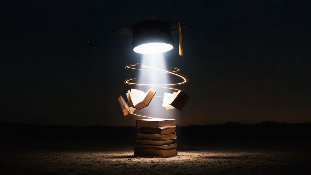 A Captivating Visual Representation of Knowledge and Achievement with a Graduation Cap, Floating Books, and a Mystical Glow Depicting the Journey of Learning