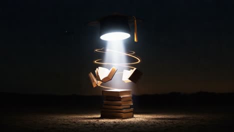 a captivating visual representation of knowledge and achievement with a graduation cap, floating books, and a mystical glow depicting the journey of learning