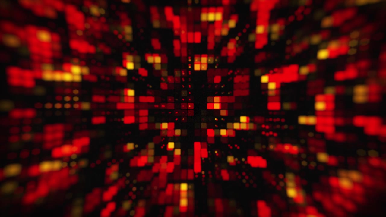 Digital cyberspace technology lighting tiles grid 3D animation gradient background abstract pattern visual shapes dotted network systems computing red orange