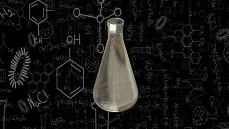 Animation-Von-Testkolben,-Mathematischen-Gleichungen-Und-DNA-Strangdiagrammen-Auf-Schwarzem-Hintergrund