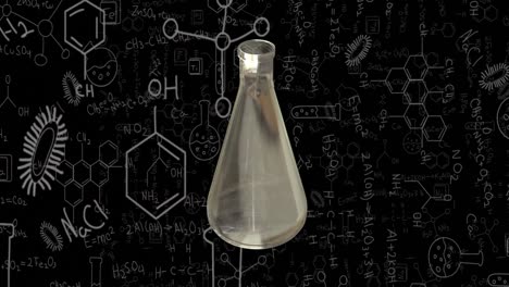 Animation of test flask, mathematical equations and dna strand diagrams over black background
