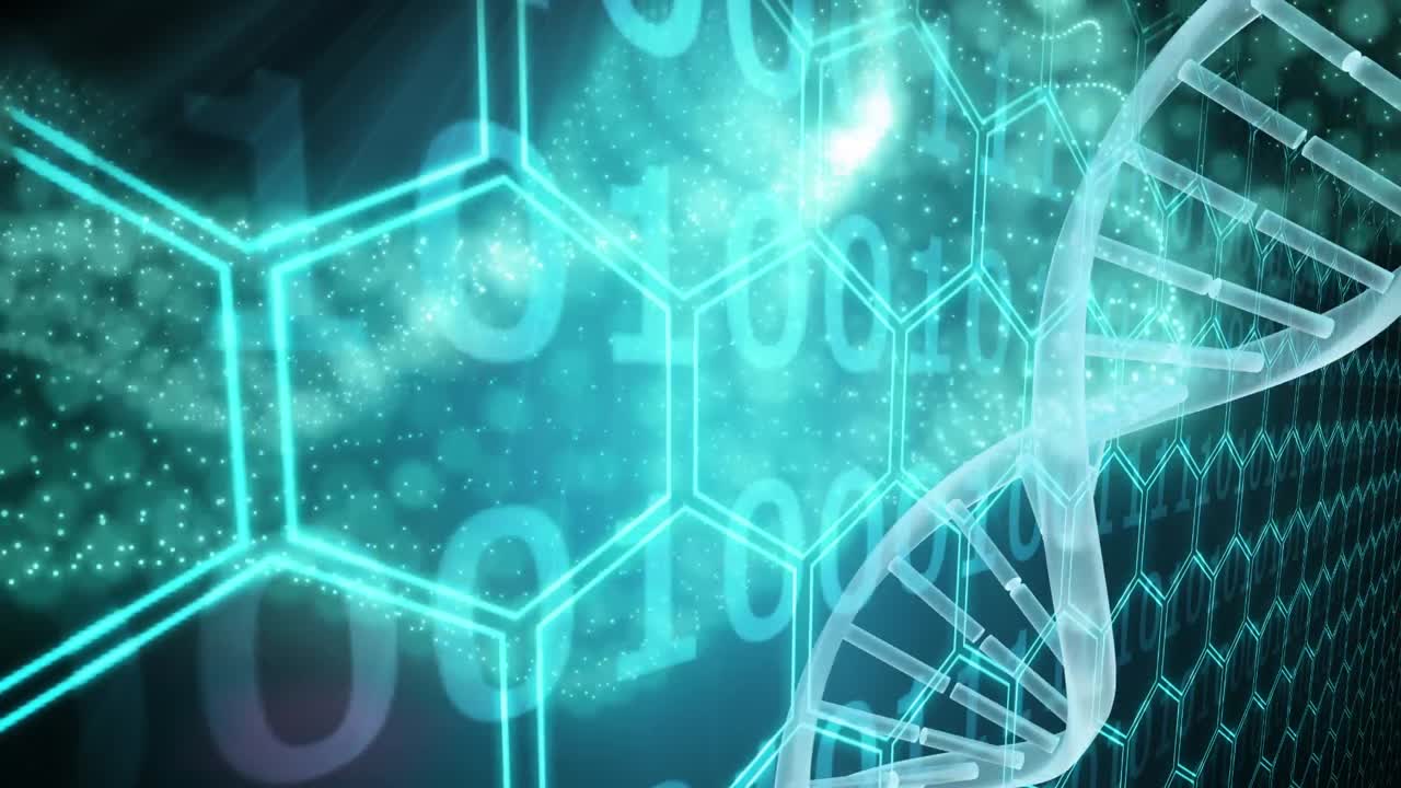 Animazione di filamento di DNA ed elaborazione dati su sfondo nero.