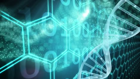 Animation-of-dna-strand-and-data-processing-over-black-background