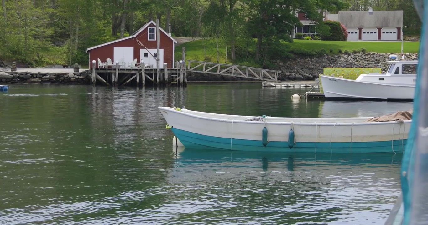 Escife branco e azul flutuando em New Harbor, Bristol, Maine