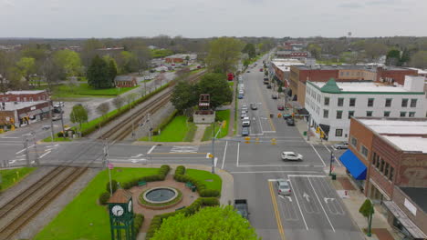 flyover downtown thomasville, north carolina on a gray and cloudy spring day