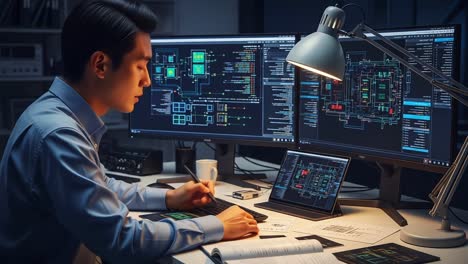 focused professional analyzing technical data on multiple monitors in a dimly lit workspace, with detailed diagrams and circuit layouts at hand