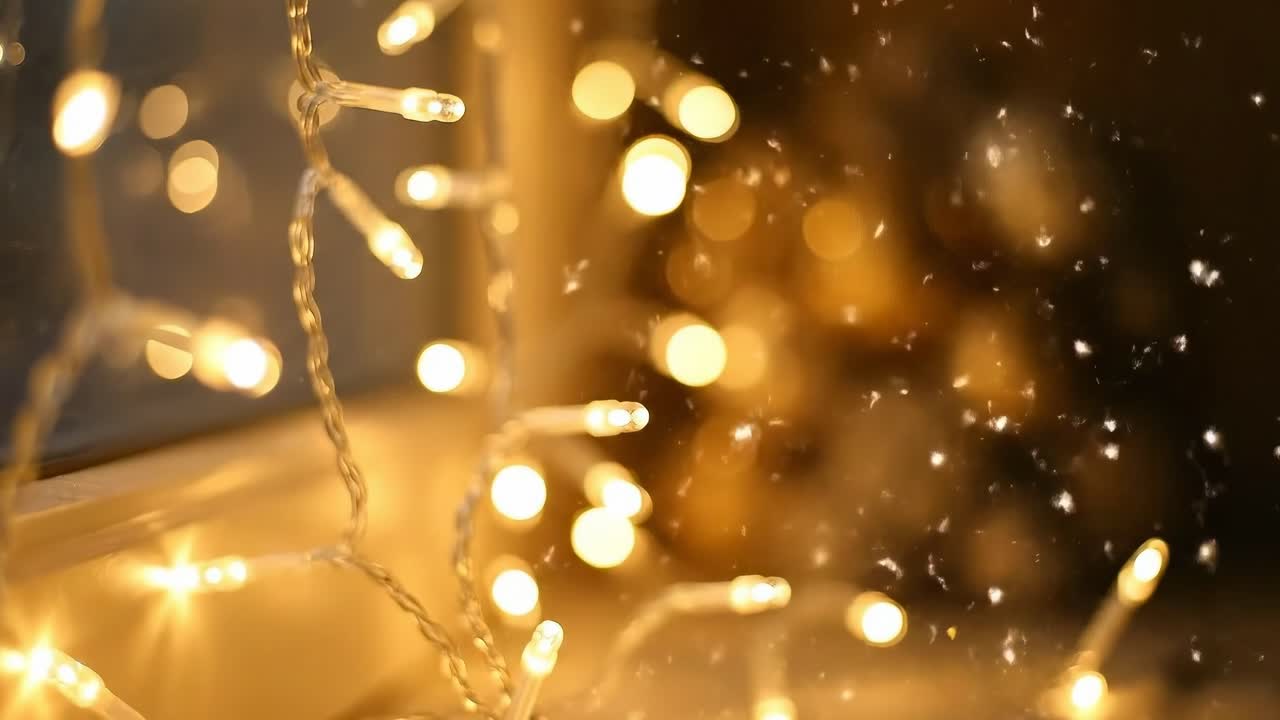 Warm bokeh lights with a close-up angle, creating a cozy, festive video ambiance