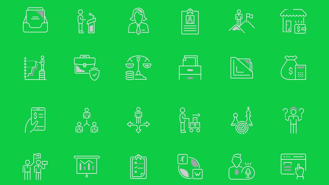Collezione di Icone Lineari Animate Aziendali e Corporate su Green Screen
