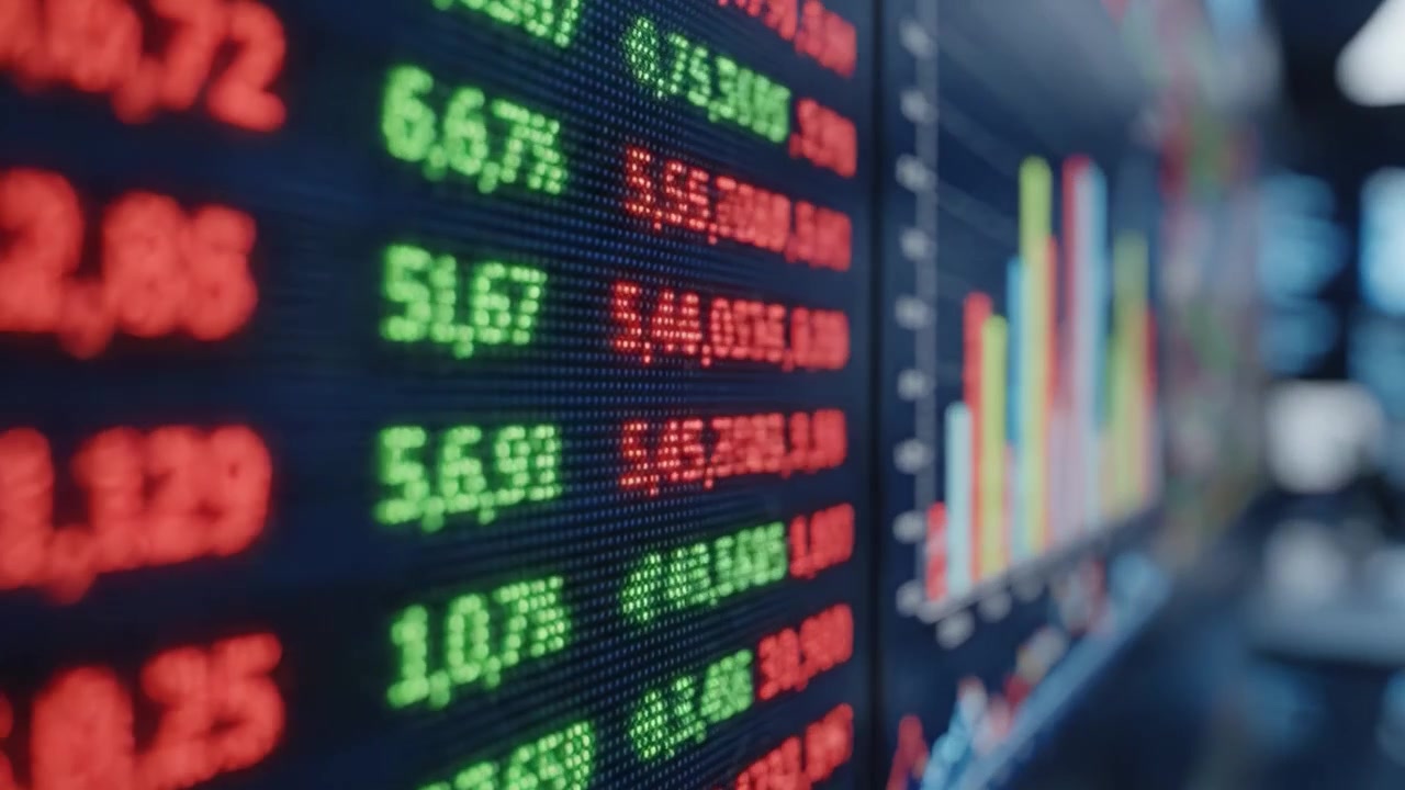 Intensive Marktanalyse: Händler überwachen Aktienkurse auf digitalen Bildschirmen mit farbcodierten Diagrammen und Grafiken, die Finanzbewegungen in Echtzeitanalyse veranschaulichen
