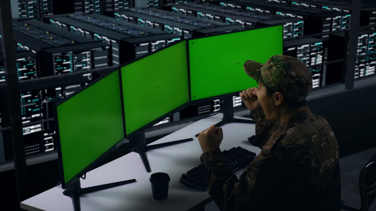 vista lateral de feliz militar asiático celebrando y bailando mientras trabaja con simulacro de múltiples monitores de computadora en el centro de datos