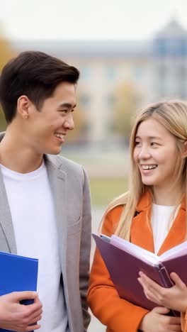 two young asian students talking and enjoying themselves on the university campus.