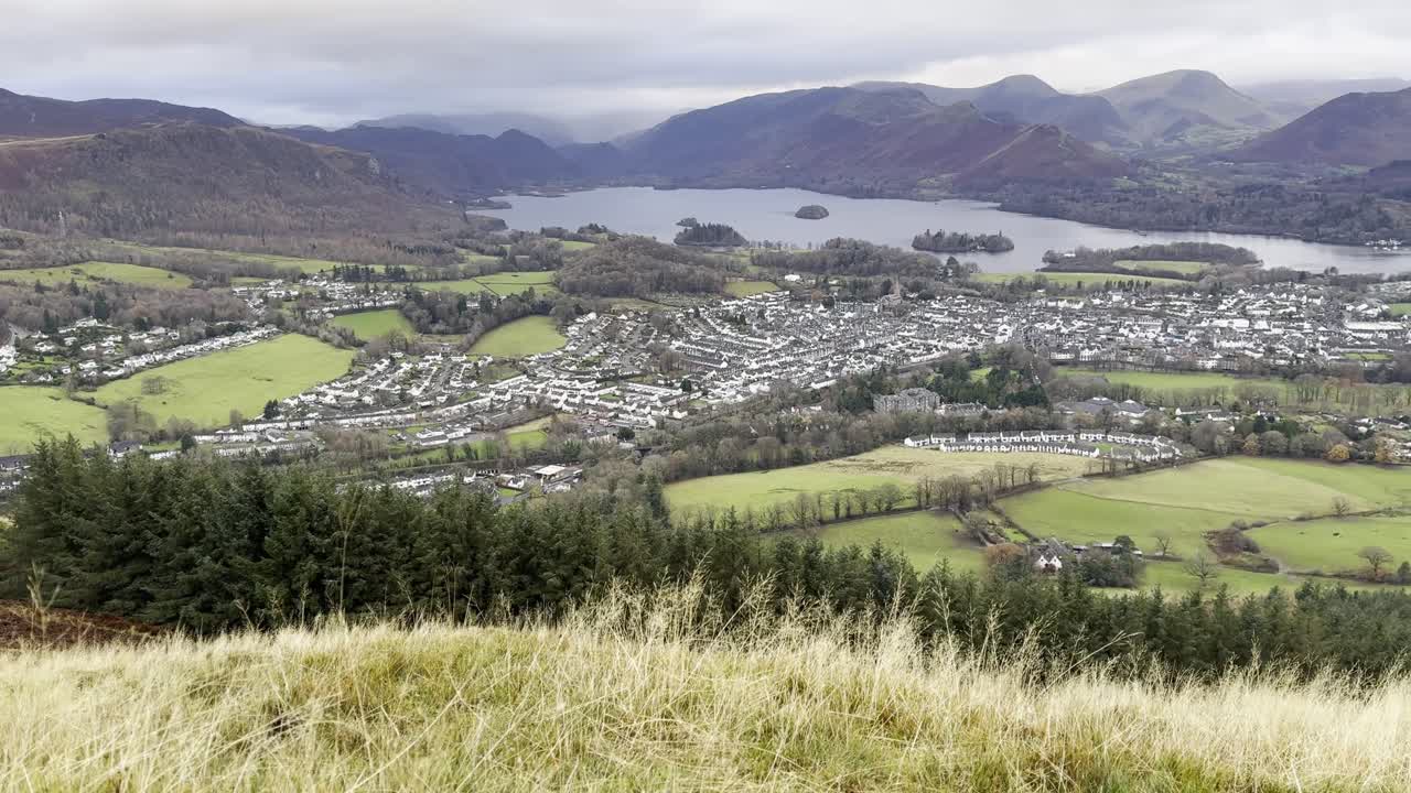 View from Latrigg fell overlooking Keswick, Derwentwater and surrounding fells on bright winter day - Keswick, Lake District