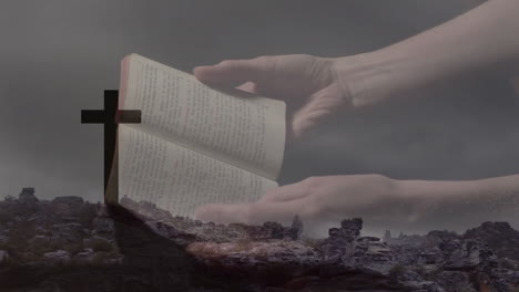 animation of caucasian woman reading bible over cross and clouds