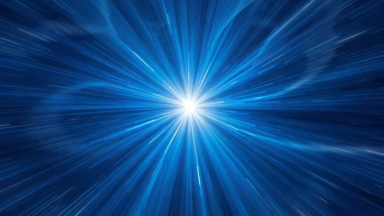 Frames advancing driving white core pulsing and radiating beams on blue gradient forming wispy halo