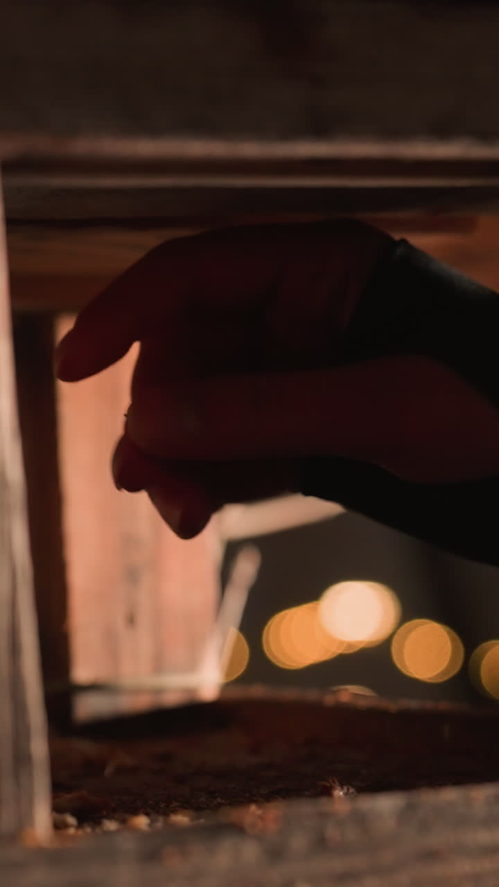 뒷면에 흐릿한 불빛을 가진 나무 새집에 새 먹이를 넣는 손의 클로즈업, 저녁에 겨울 공원에서 야외에서 비둘기를 돌보는 모습